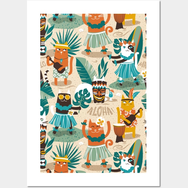 Secret Hawaiian beach party // pattern // ivory sand background gold drop orange goldenrod yellow dark oak brown and white cats Wall Art by SelmaCardoso